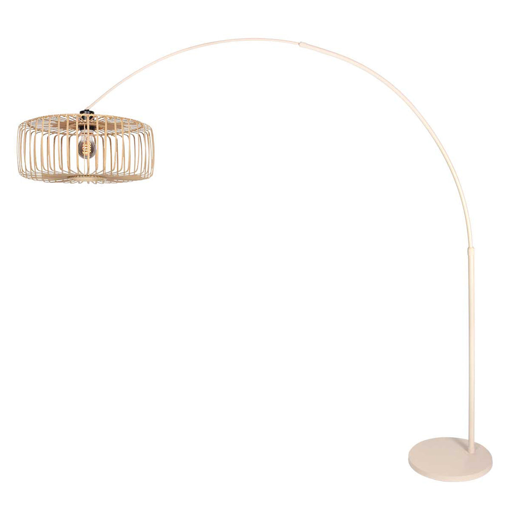 Lampadaire arc en métal crème abat-jour rotin tressé – H240 cm