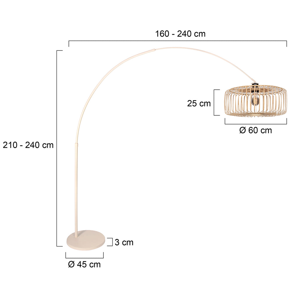 Lampadaire arc en métal crème abat-jour rotin tressé – H240 cm