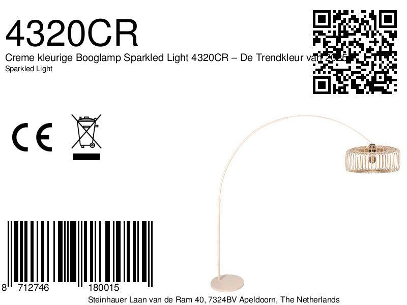 Lampadaire arc en métal crème abat-jour rotin tressé – H240 cm
