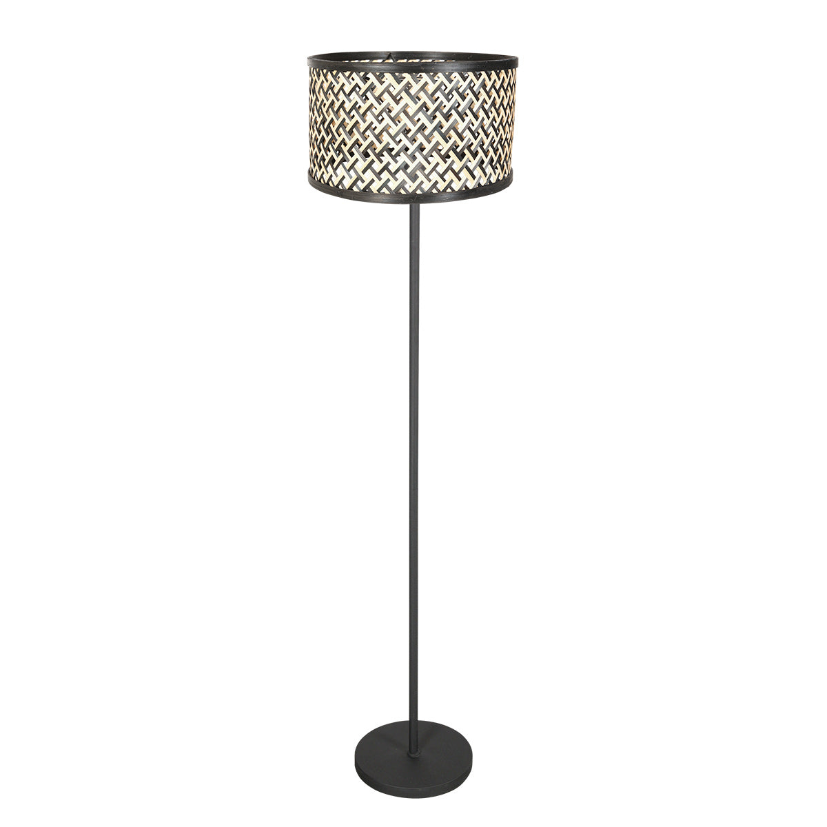 Lampadaire en métal noir abat-jour bambou motif chevrons – H144 cm