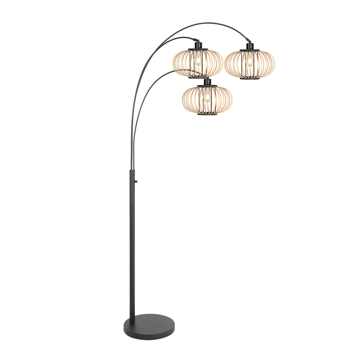 Lampadaire en métal noir à trois arcs abat-jours ajourés bois clair