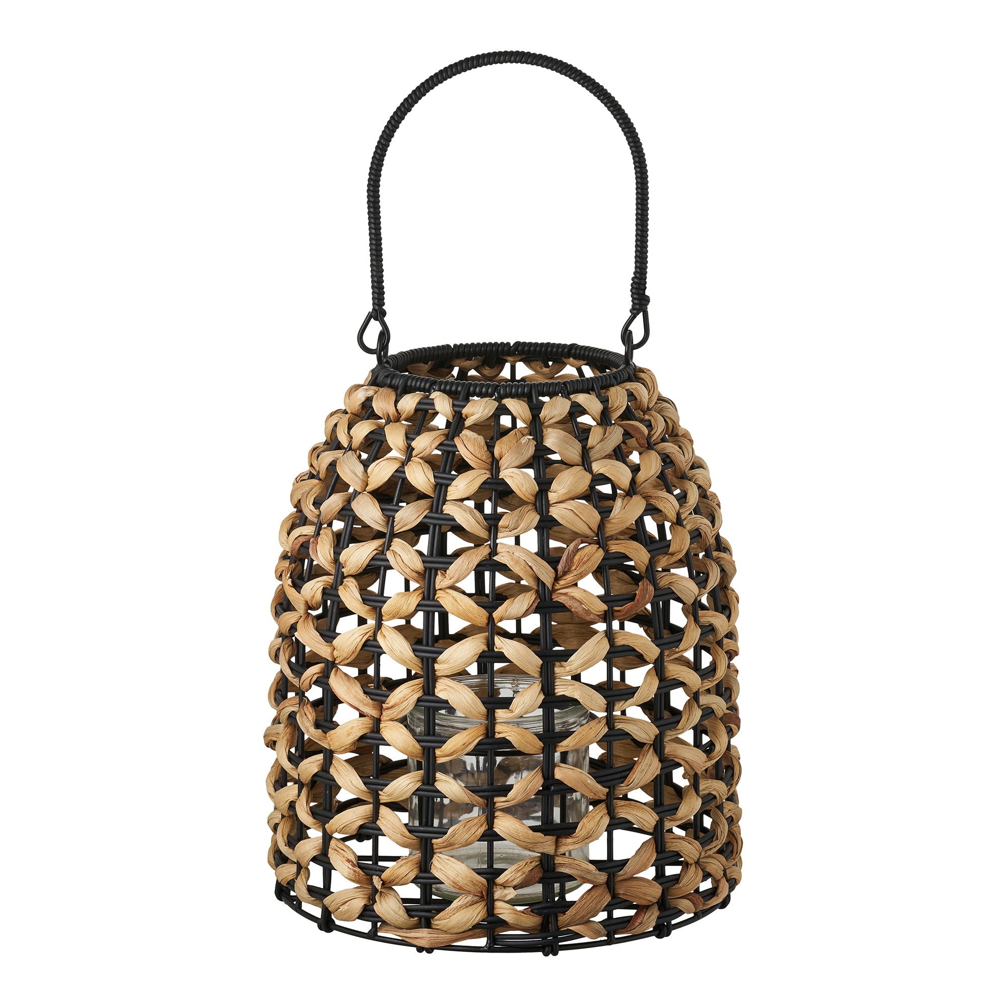 Lanterne en fibres tressées naturel et noir avec verre intérieur – H28 cm