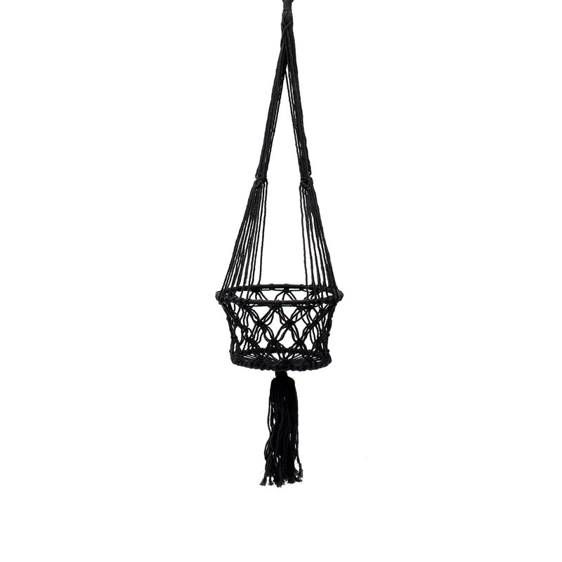 Suspension plante en macramé coton noir avec franges – H110 cm