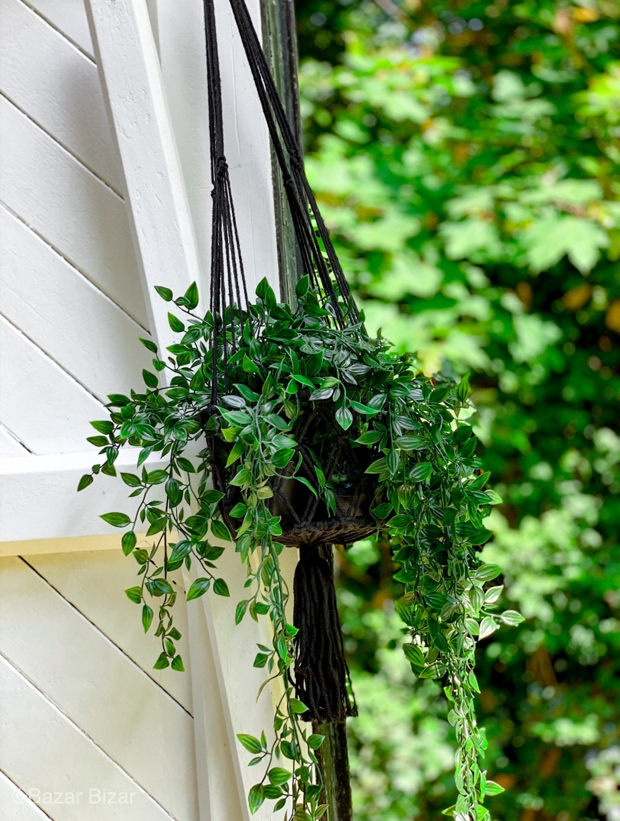 Suspension plante macramé noir en coton tressé avec franges – H100 cm