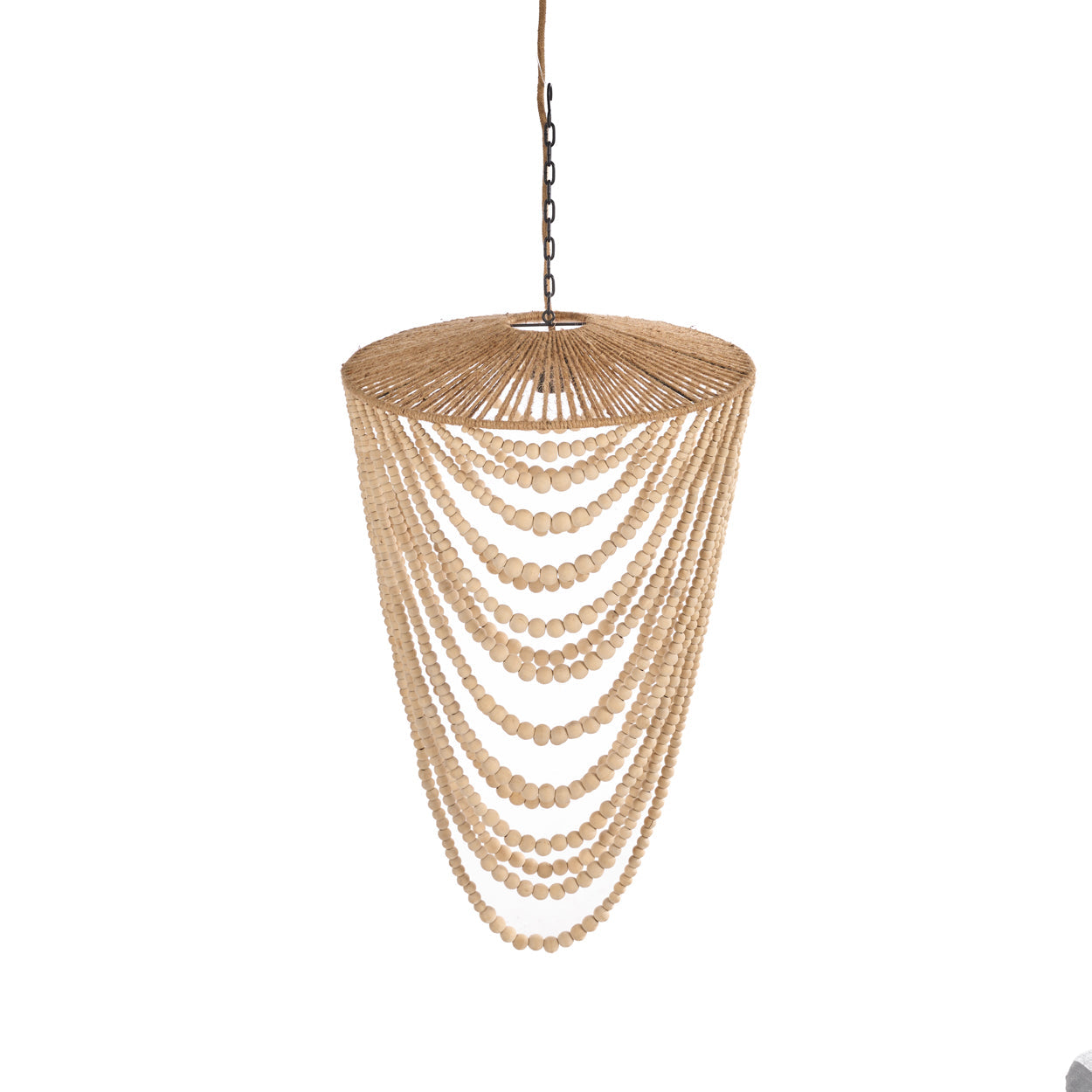 Suspension en perles de bois naturel silhouette goutte – H80 cm
