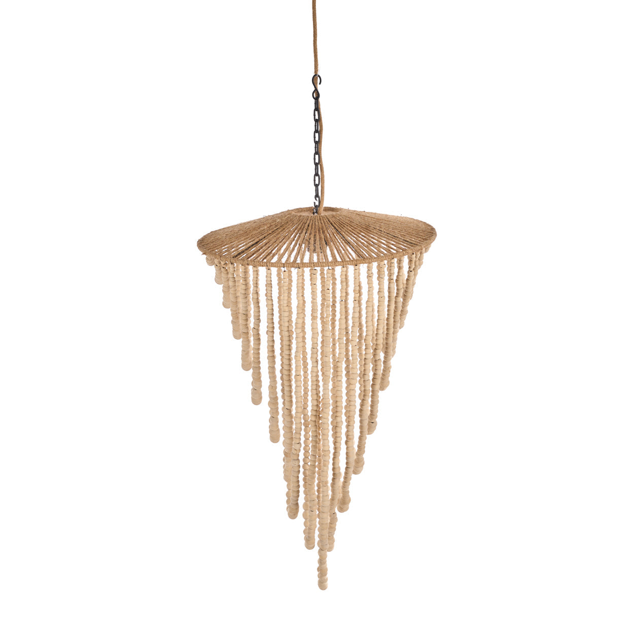 Suspension en perles de bois naturel silhouette goutte – H80 cm