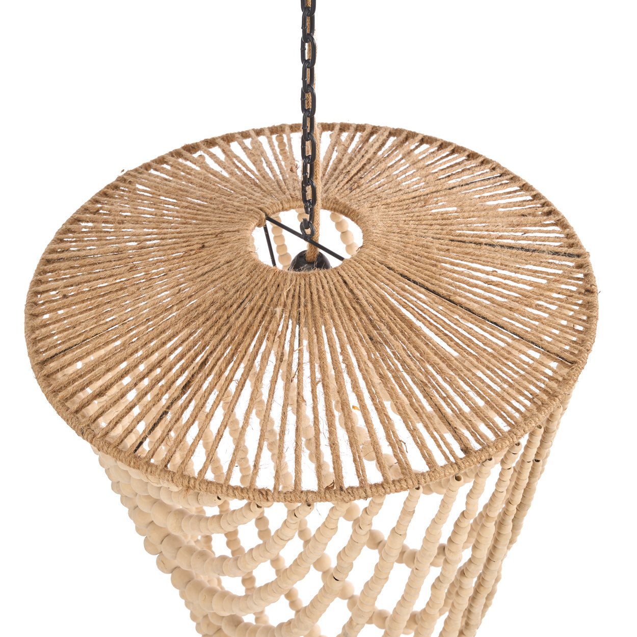 Suspension en perles de bois naturel silhouette goutte – H80 cm