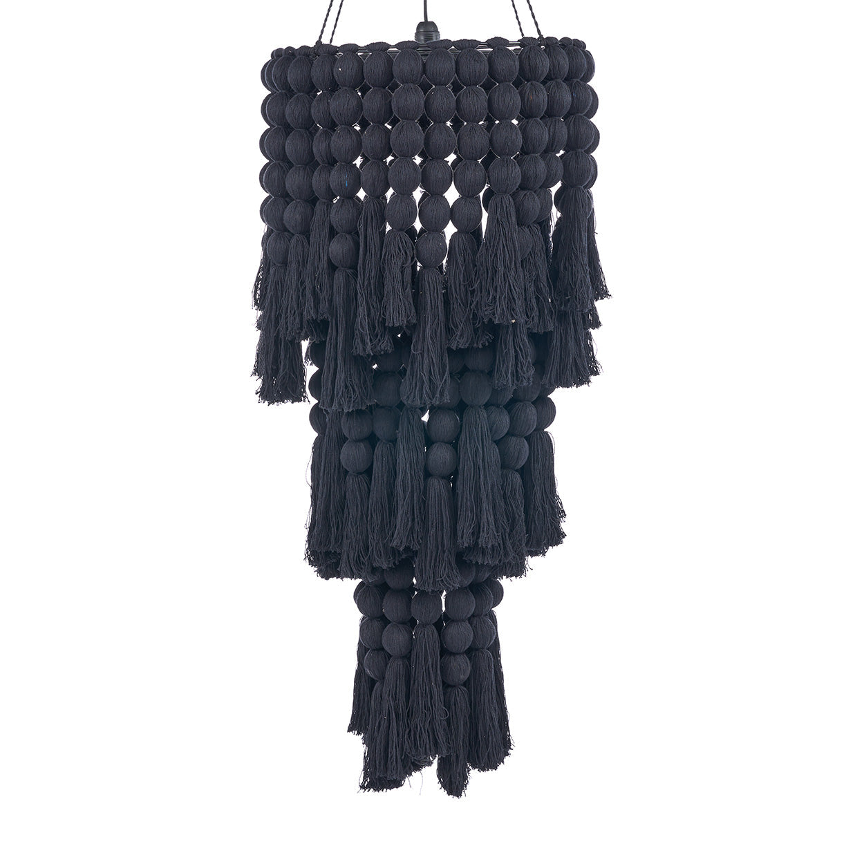 Suspension en coton noir à perles et pompons effet cascade – H160 cm