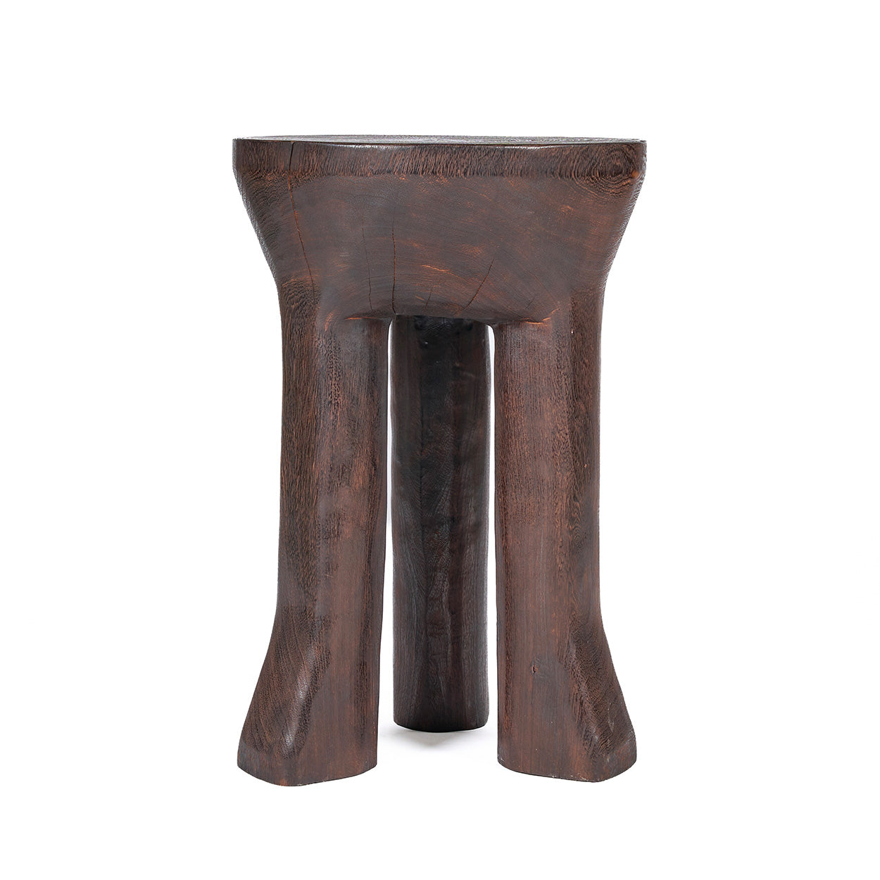 Tabouret en bois massif brun foncé sculpté à la main