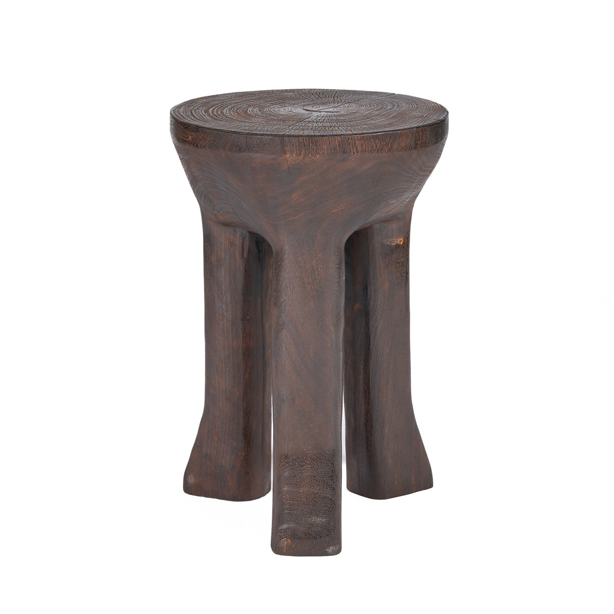 Tabouret en bois massif brun foncé sculpté à la main