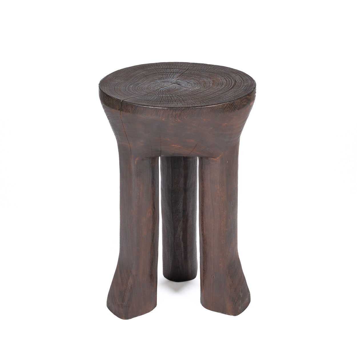 Tabouret en bois massif brun foncé sculpté à la main