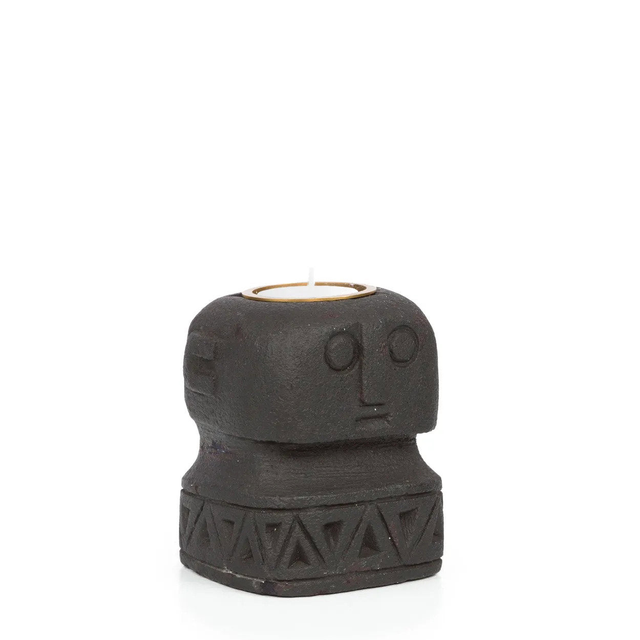 Porte-bougie totem en grès noir sculpté avec motifs géométriques