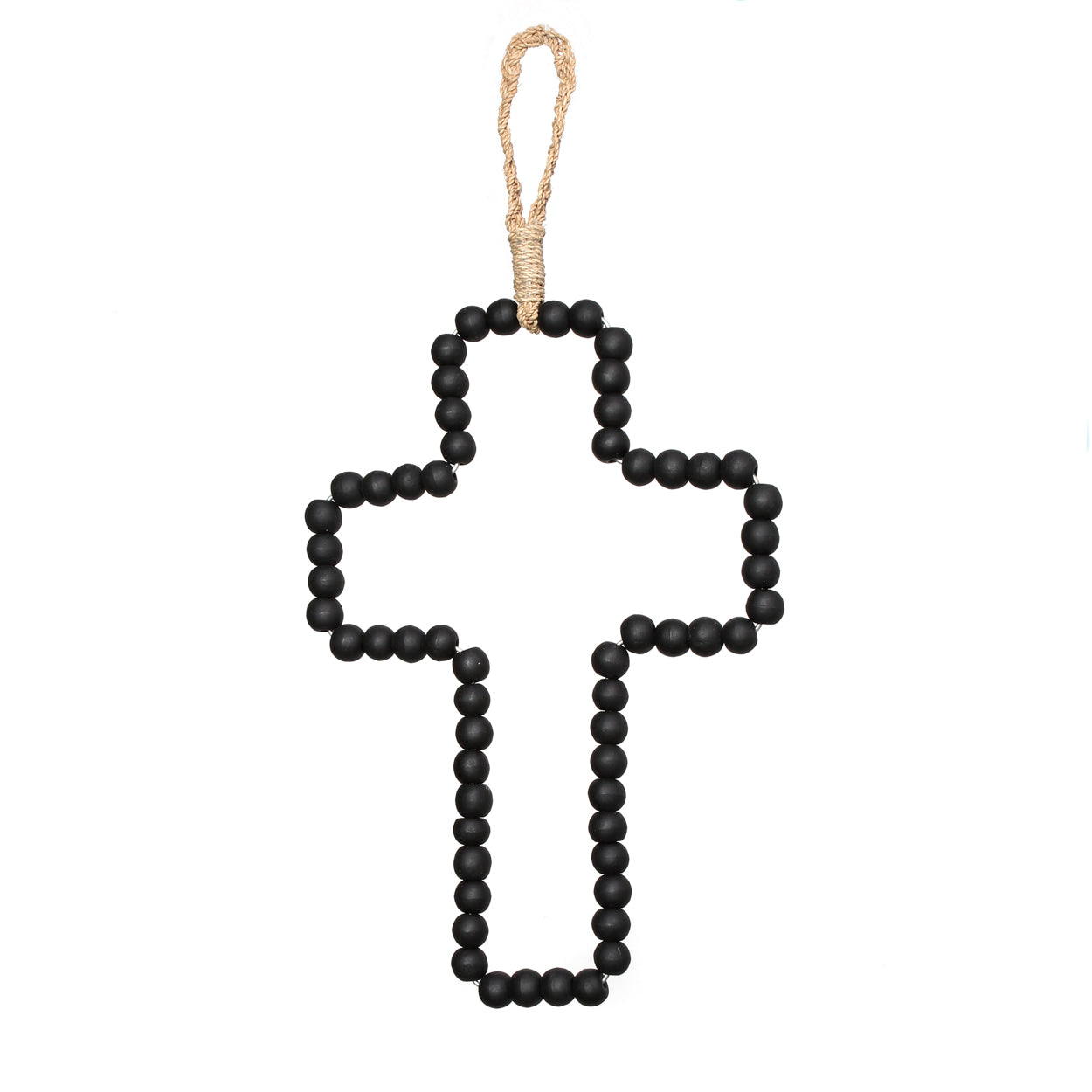 Croix murale décorative en bois noir perlé avec corde de suspension