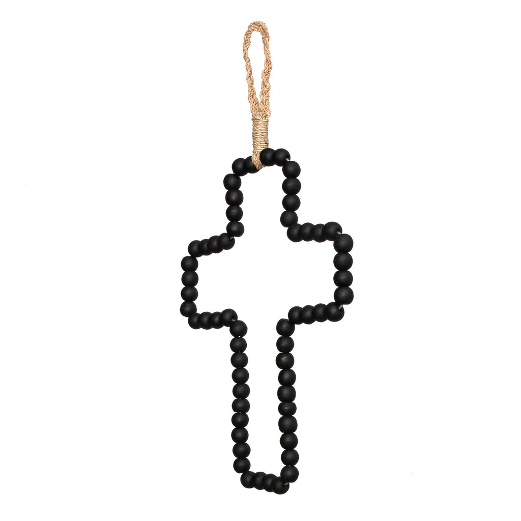 Croix murale décorative en bois noir perlé avec corde de suspension