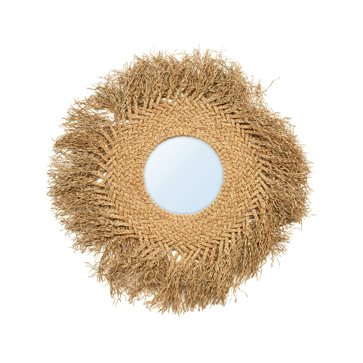 Miroir rond mural en jacinthe d’eau naturelle avec franges – Ø75 cm