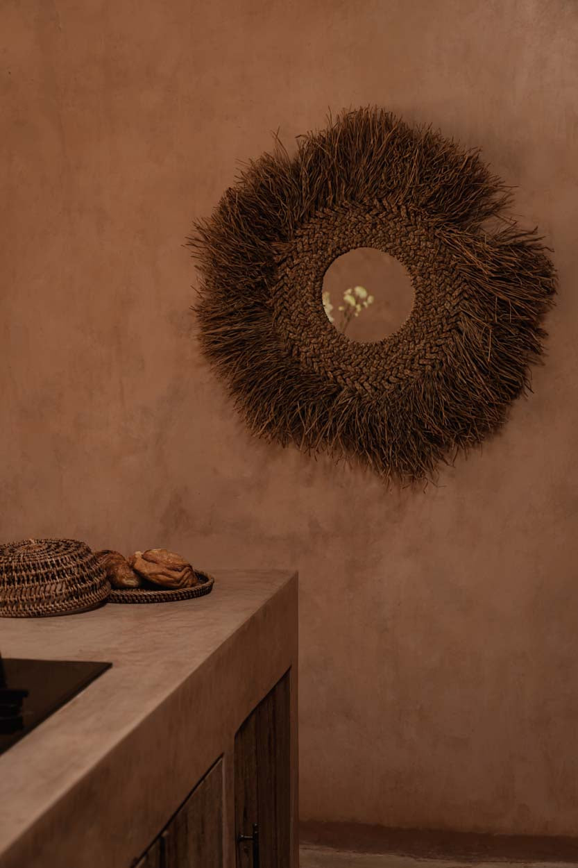 Miroir rond mural en jacinthe d’eau naturelle avec franges – Ø75 cm
