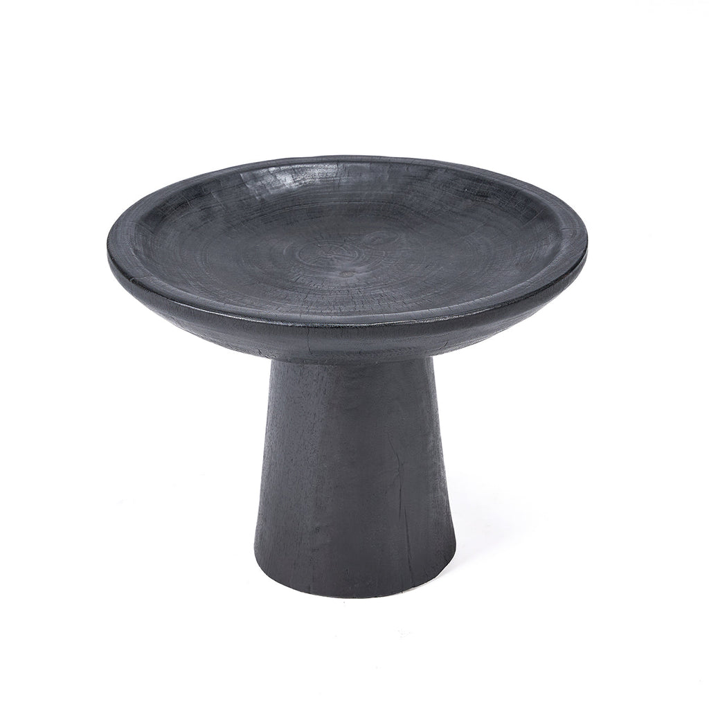 Plateau piédestal en bois noir sculpté pour salon – Ø35 cm