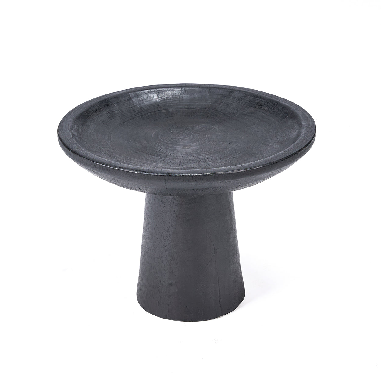 Plateau piédestal en bois noir sculpté pour salon – Ø35 cm