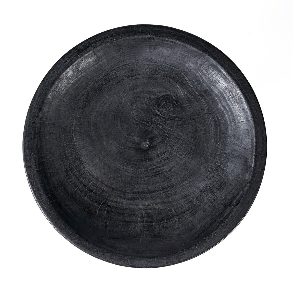 Plateau piédestal en bois noir sculpté pour salon – Ø35 cm