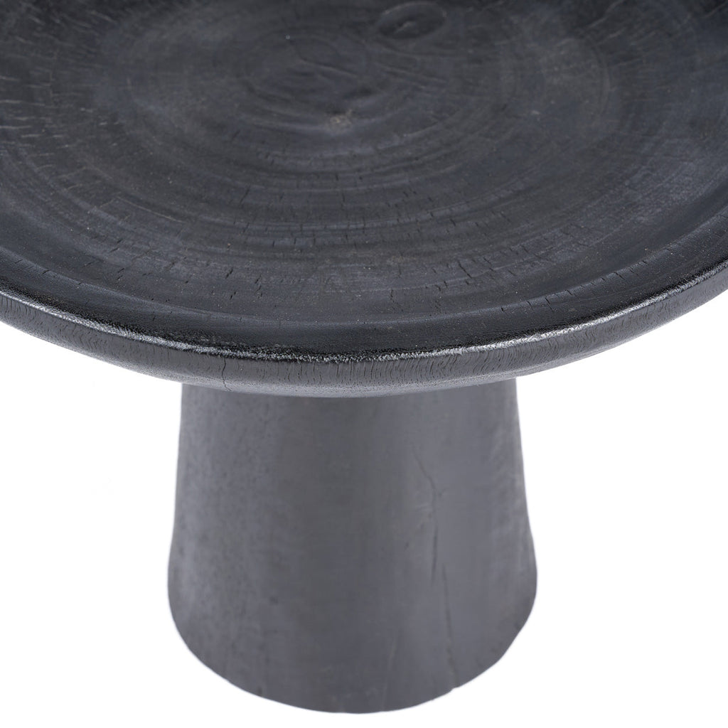 Plateau piédestal en bois noir sculpté pour salon – Ø35 cm