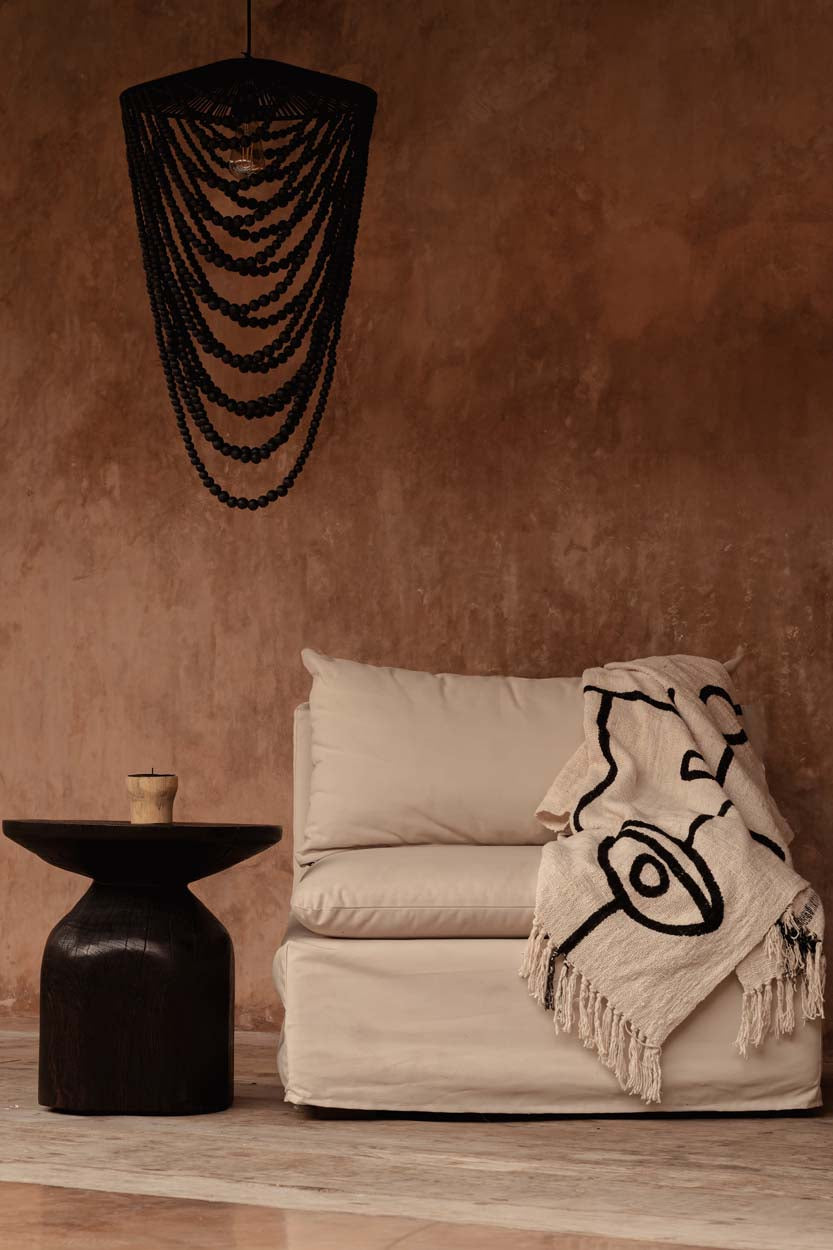Jeté de lit en coton noir naturel motif œil protecteur et franges