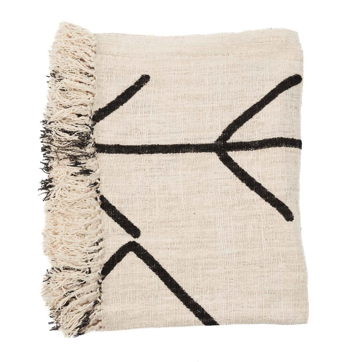 Jeté de lit en coton noir naturel motif œil protecteur et franges