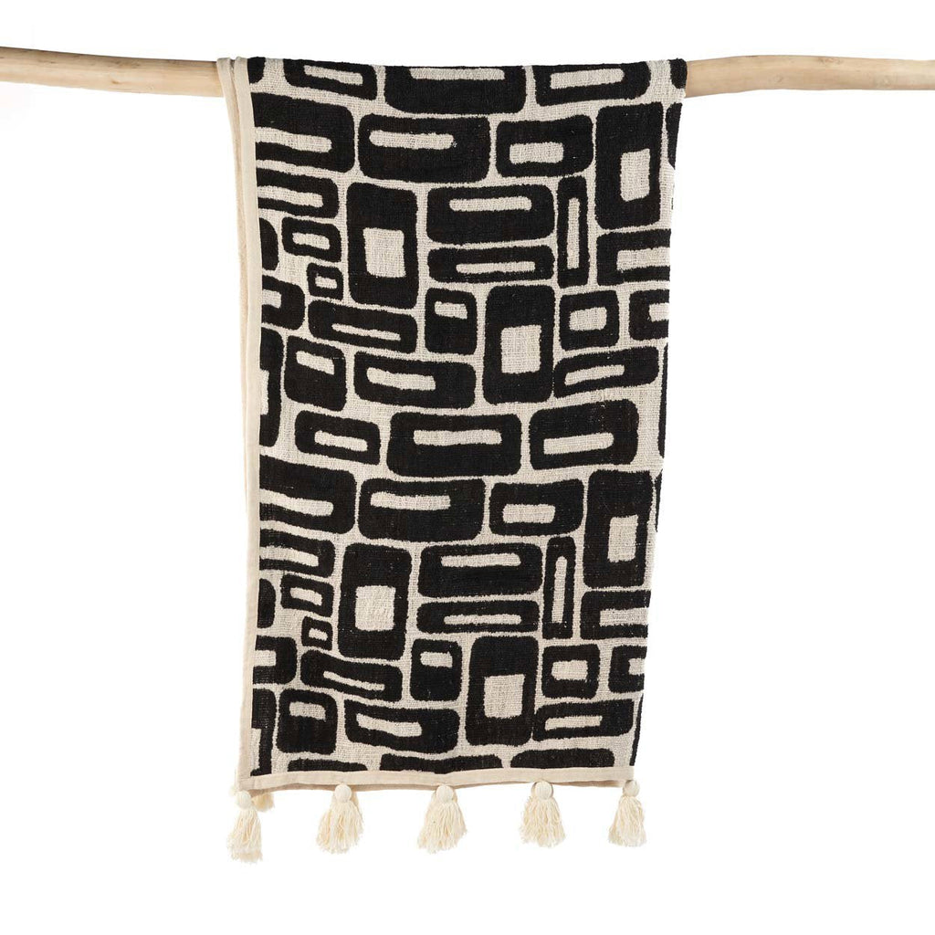 Jeté de lit en coton motif aztèque noir naturel 240x128