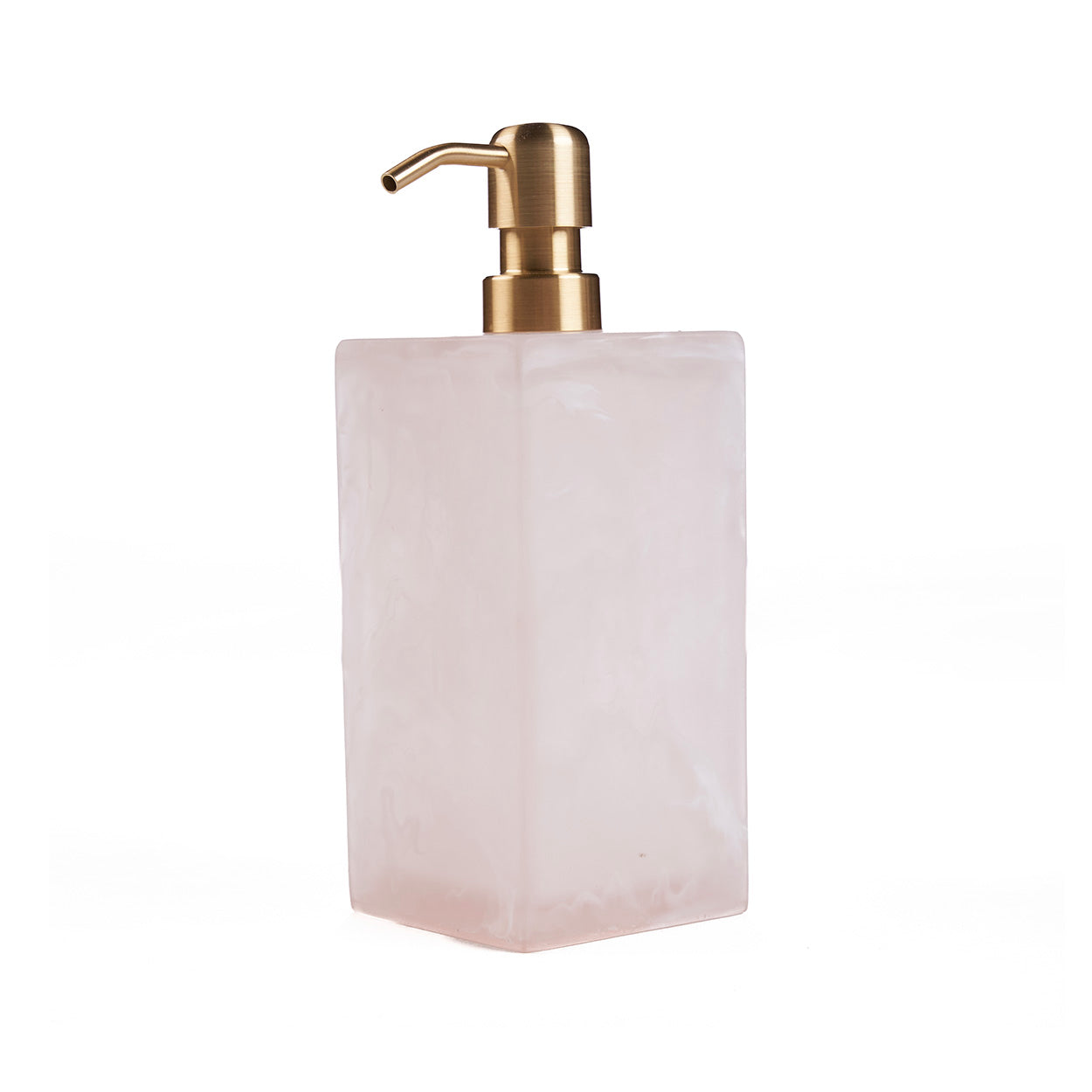 Distributeur de savon en résine marbrée rose et blanche avec pompe dorée