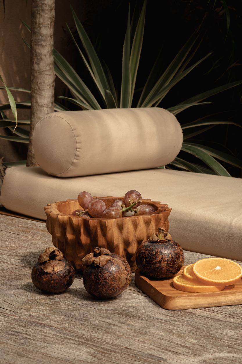 Bol décoratif rond en racine de teck sculptée finition naturelle