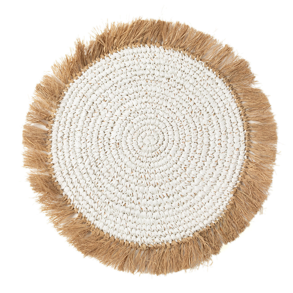 Set de table rond en raphia et jacinthe d’eau blanc cassé à franges