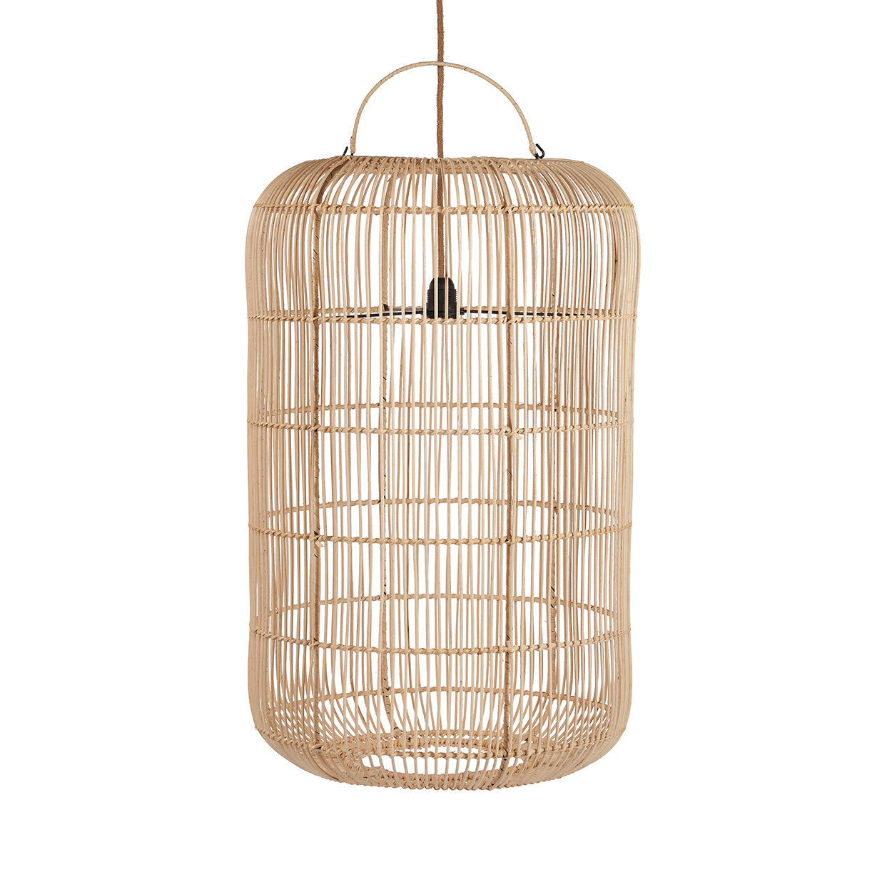 Suspension en rotin tressé beige cylindrique avec anse – Ø50 cm