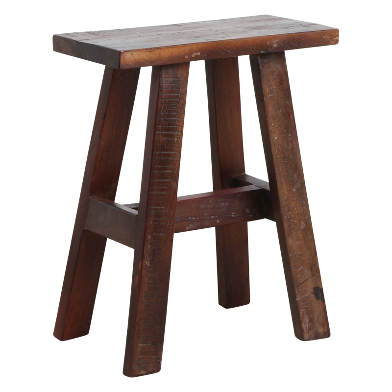 Banc en bois recyclé brun foncé pieds évasés look vintage – 45x20 cm