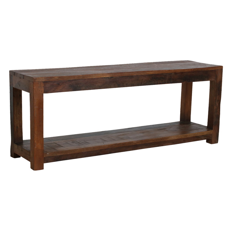 Banc en bois recyclé brun à double plateau pour entrée ou chambre – 116x30 cm