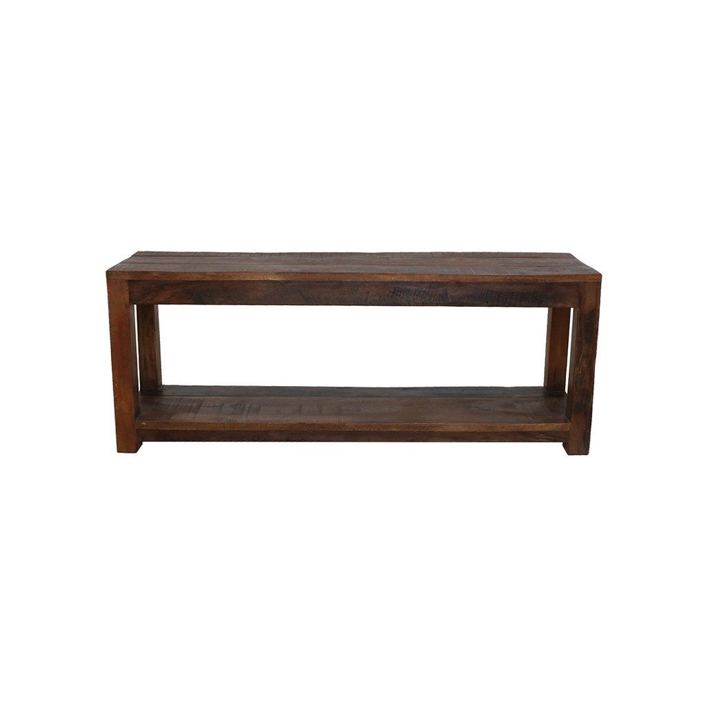 Banc en bois recyclé brun à double plateau pour entrée ou chambre – 116x30 cm