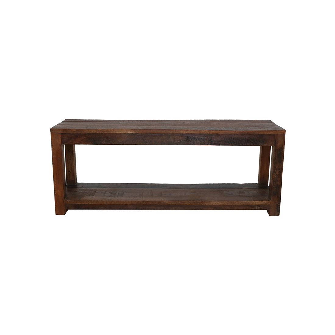 Banc en bois recyclé brun à double plateau pour entrée ou chambre – 116x30 cm