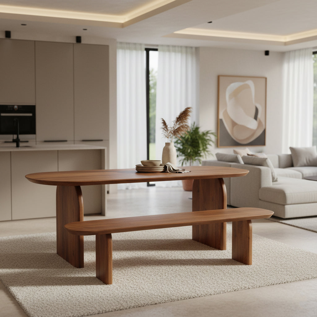 Banc en bois massif brun forme capsule – 200x35 cm