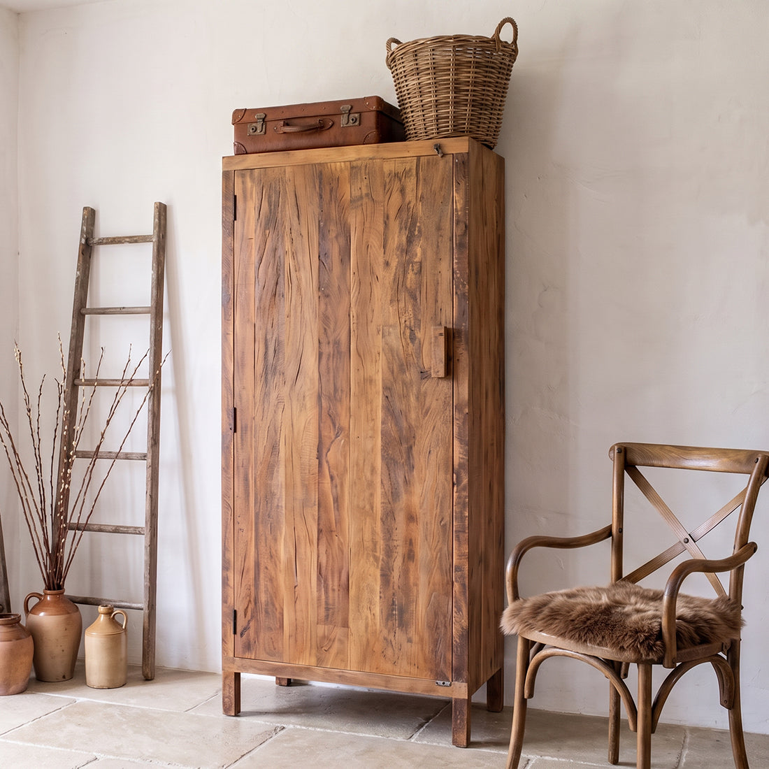 Armoire haute 1 porte en bois recyclé brun naturel – 80x40 cm