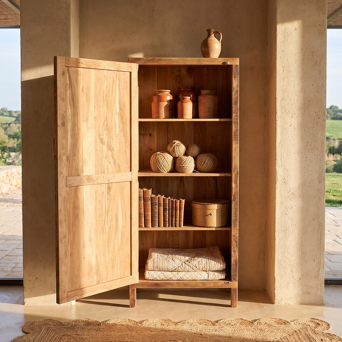 Armoire haute 1 porte en bois recyclé brun naturel – 80x40 cm