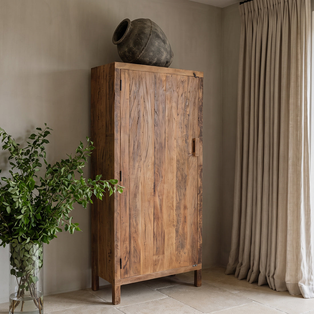 Armoire haute 1 porte en bois recyclé brun naturel – 80x40 cm
