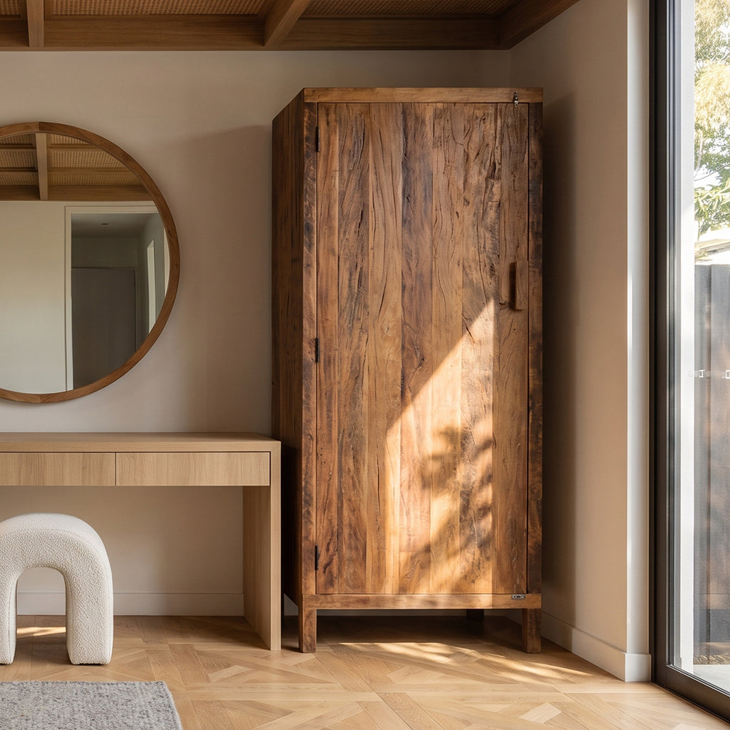 Armoire haute 1 porte en bois recyclé brun naturel – 80x40 cm
