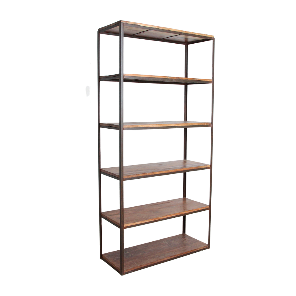 Étagère haute en bois recyclé et métal noir ouverte – 100x38 cm