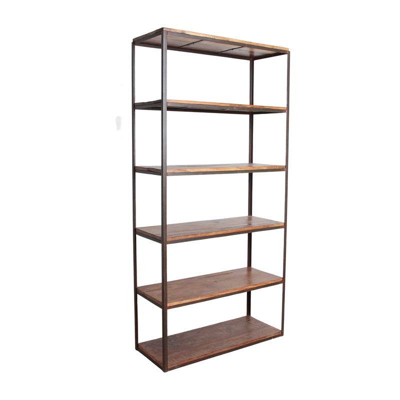 Étagère haute en bois recyclé et métal noir ouverte – 100x38 cm