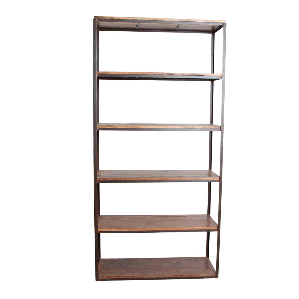 Étagère haute en bois recyclé et métal noir ouverte – 100x38 cm