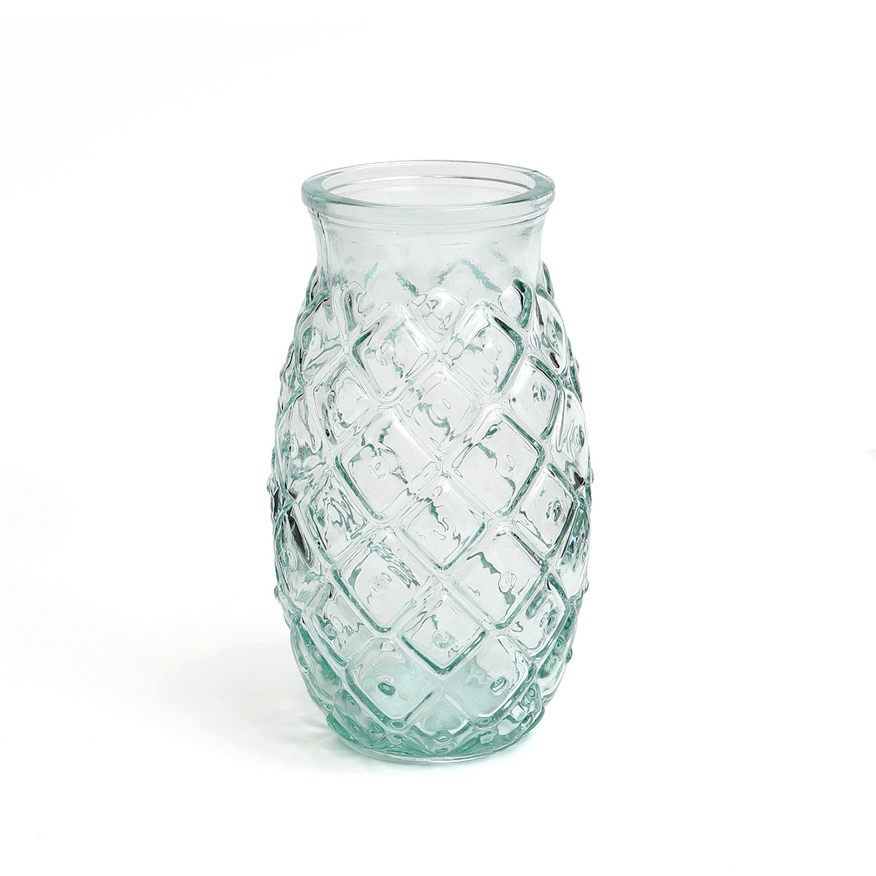 Verre à eau texturé en verre recyclé bleu motif losanges