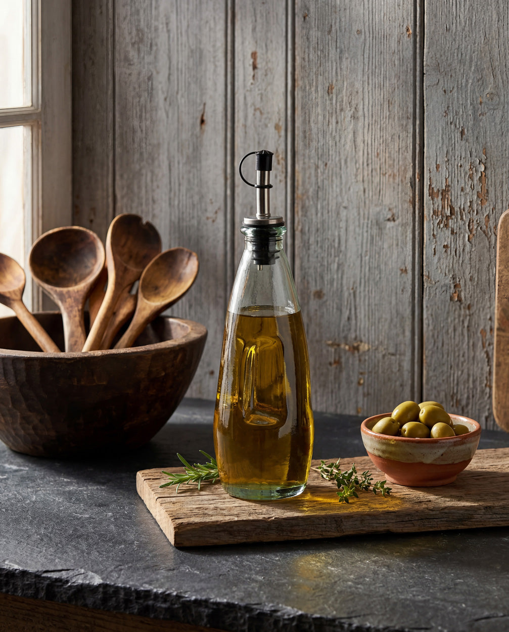 Bouteille en verre transparent bouchon métal pour huile d’olive – H23 cm