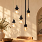Suspension luminaire noire à 5 douilles avec câbles gainés – 350 cm