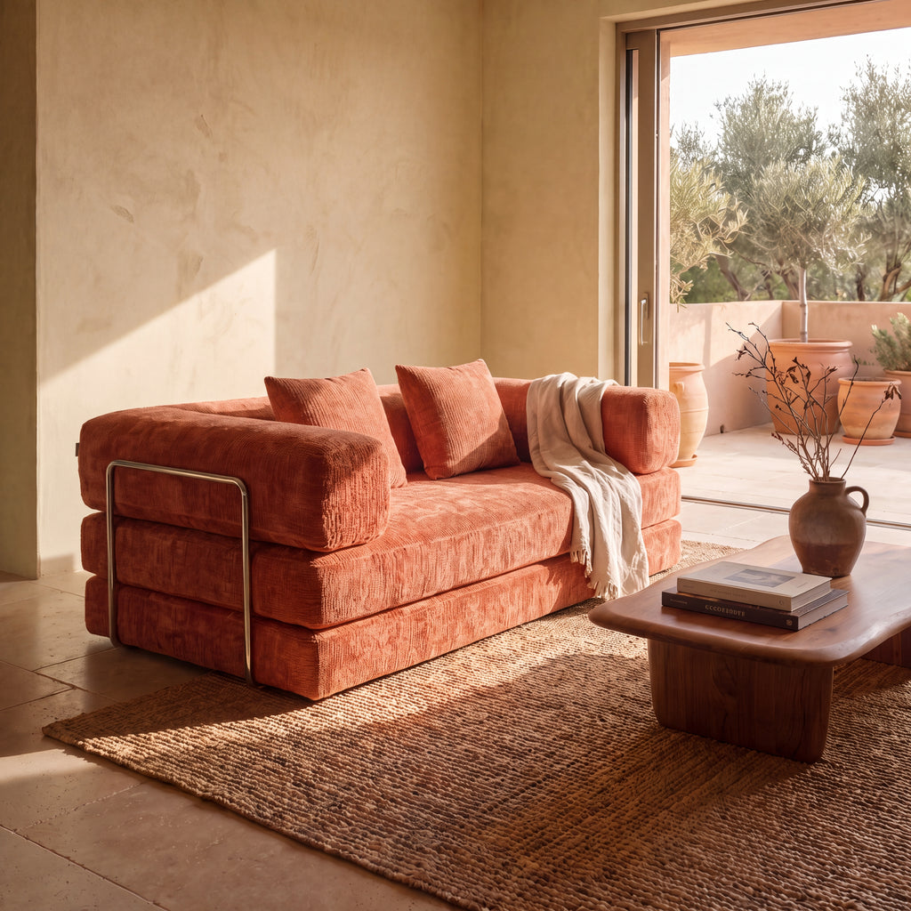Canapé Compressé Convertible 3 places ATLAS - Tissu Chenille Corail Clair