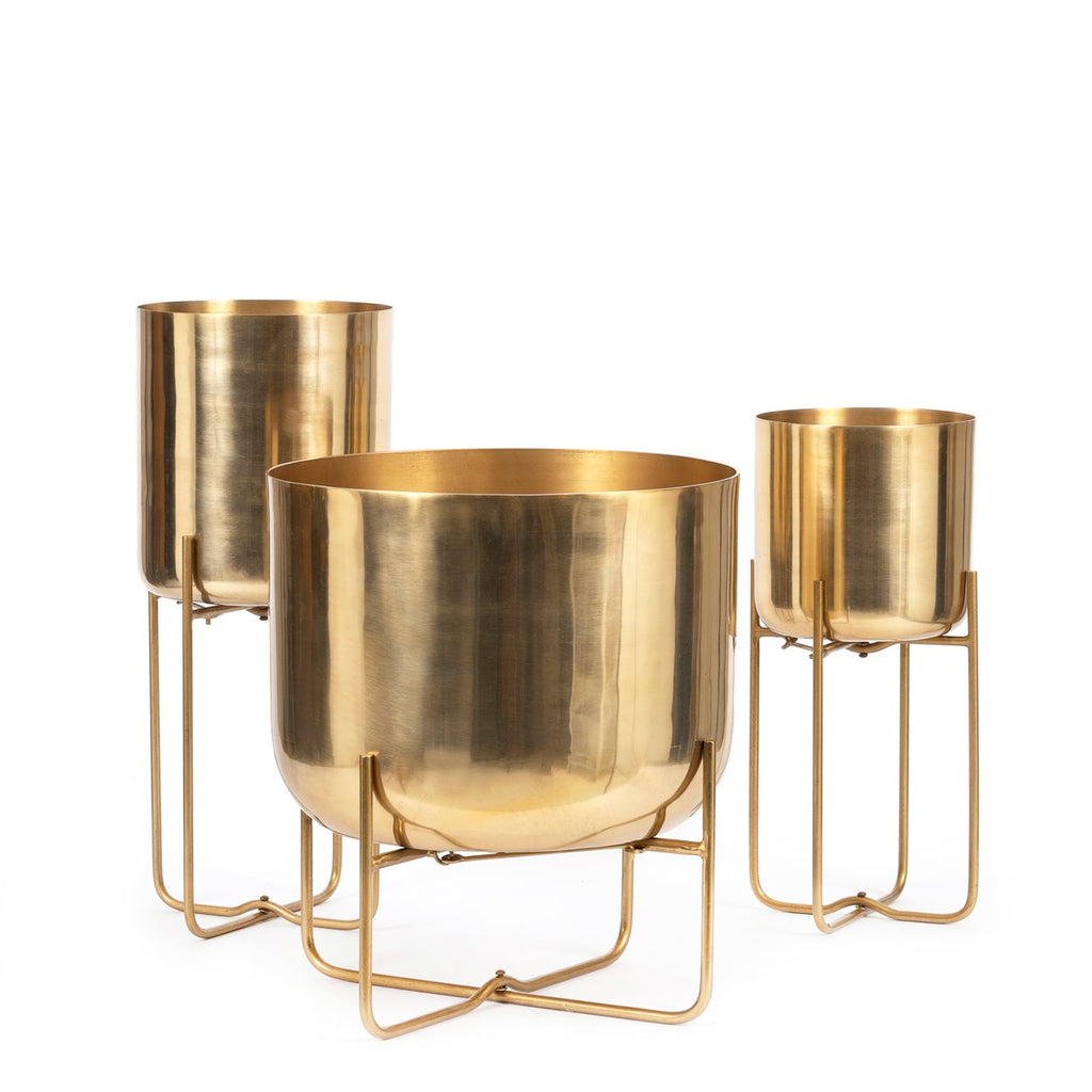 Cache-pot cylindrique en laiton doré avec support pliable – H42 cm