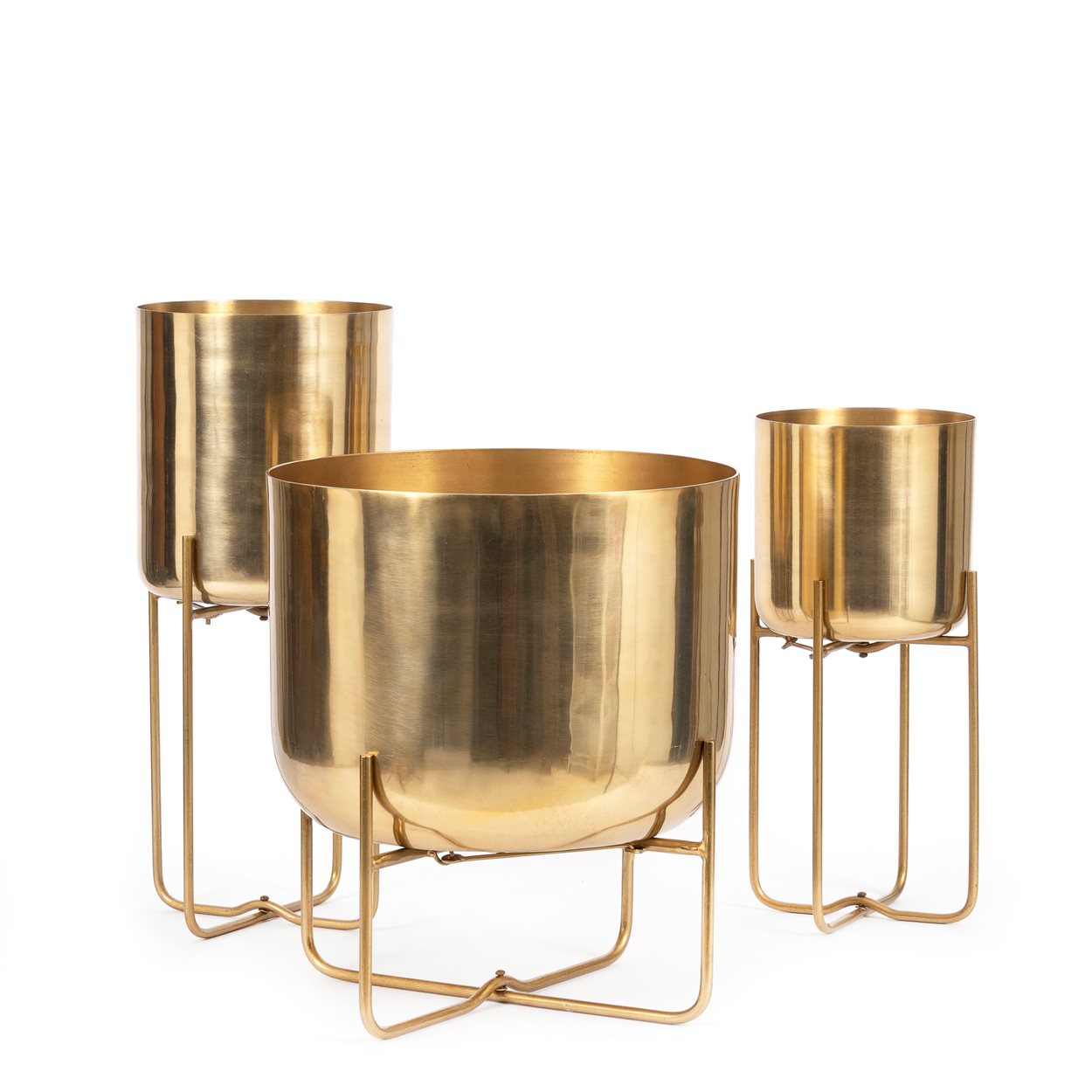 Cache-pot cylindrique en laiton doré avec support pliable – H42 cm