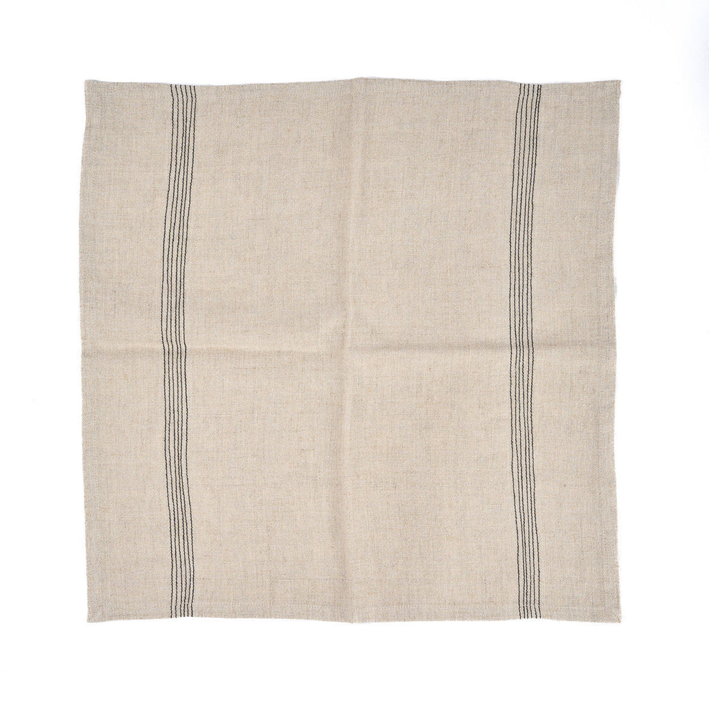 Serviette en lin naturel rayée noir beige pour table ou cuisine